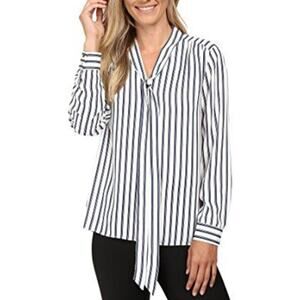 WHITE HOUSE BLACK MARKET L/S Tie Neck Striped Blouse Black White Size 4